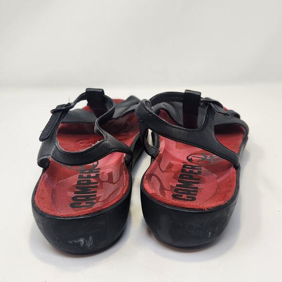 Camper Women Black Leather Ankle Strap Sandal Size 40 US 9 Peep Toe Red Insole - Picture 6 of 9